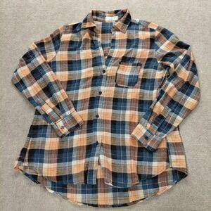 R&R Button Up Fall Shirt Burnt Orange Navy Blue Plaid V-neck‎ Long Sleeve Top